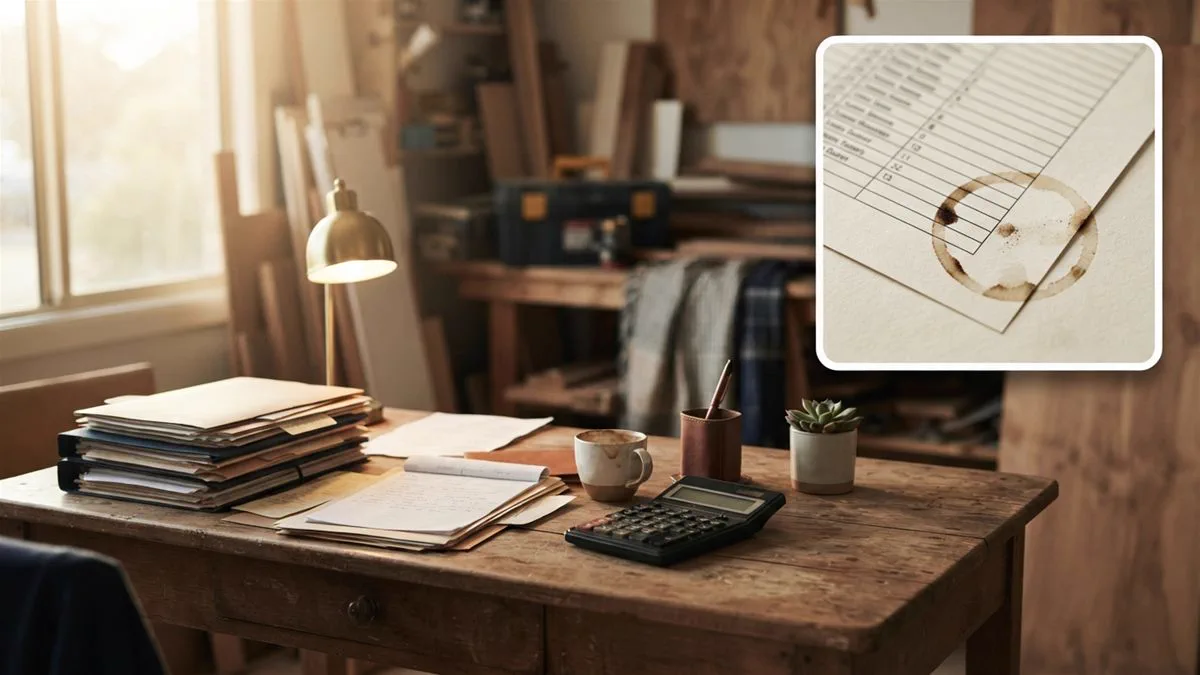 A pile of business records and a calculator on a desk late in the day